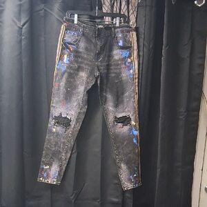 Men's Black Jeans with Blue and Red Accents